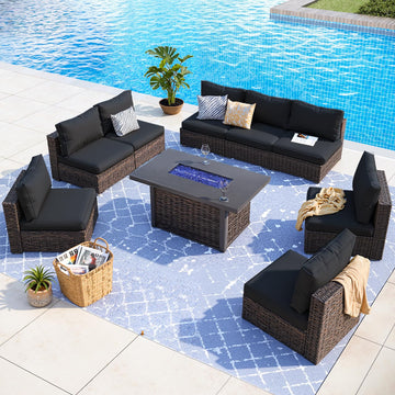9 Piece Patio Furniture Set with 42" Fire Pit Table, Outdoor Wicker Rattan Sectional Sofa Set, Patio Conversation Set
