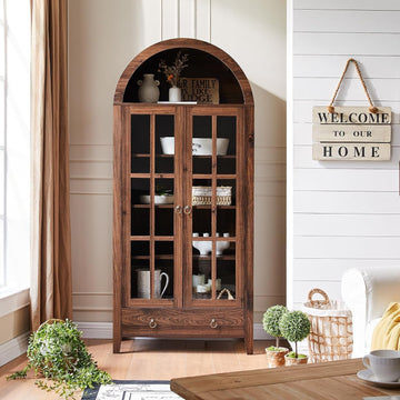 71" Tall Arched Cabinet Bookshelf with Glass Door & Storage Drawer | Modern Farmhouse Display Cabinet,Adjustable