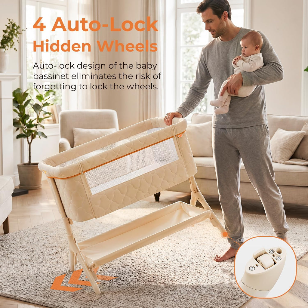Bedside Bassinet for Baby, 3-in-1 Foldable Travel Bassinet with Wheels, Portable Baby Bassinet Adjustable Height