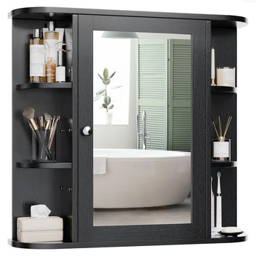 Bathroom Mirror Cabinet Wall Mounted, Bathroom Medicine Cabinet with Mirror and 6 Open Shelves, Modern Wall Cabinet
