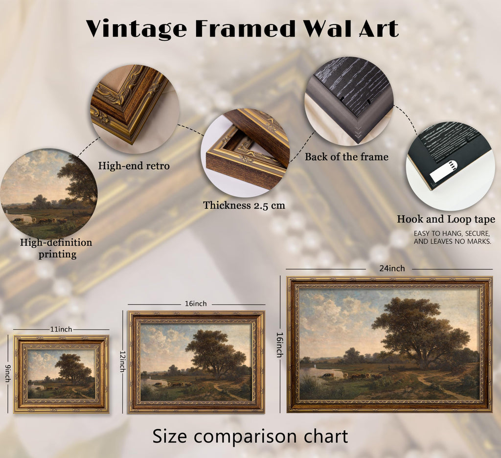 Vintage Gold Framed Landscape Wll ArtRetro Rustic Countryside Wall Decor Classic Rural River Scene Painting Picture