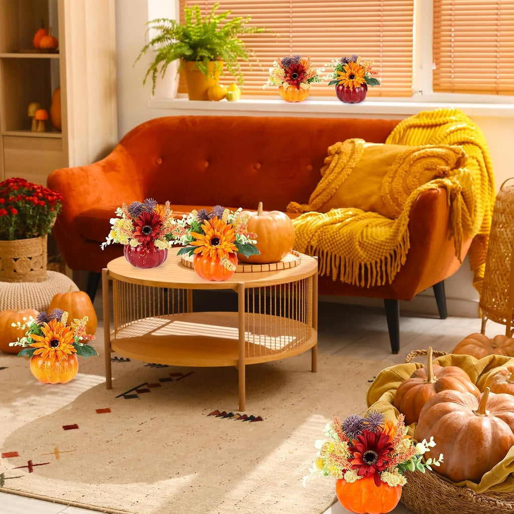 Mini Fall Pumpkin with Artificial Flower Decorations Thanksgiving Sunflower Centerpieces for Tables Harvest - Set of 6