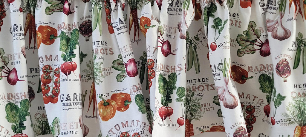 Vegetable Farm Fresh Kitchen Curtain, Farm Themed, Tomatoes, Carrots, Bell Peppers, White Kitchen Curtain (42-43