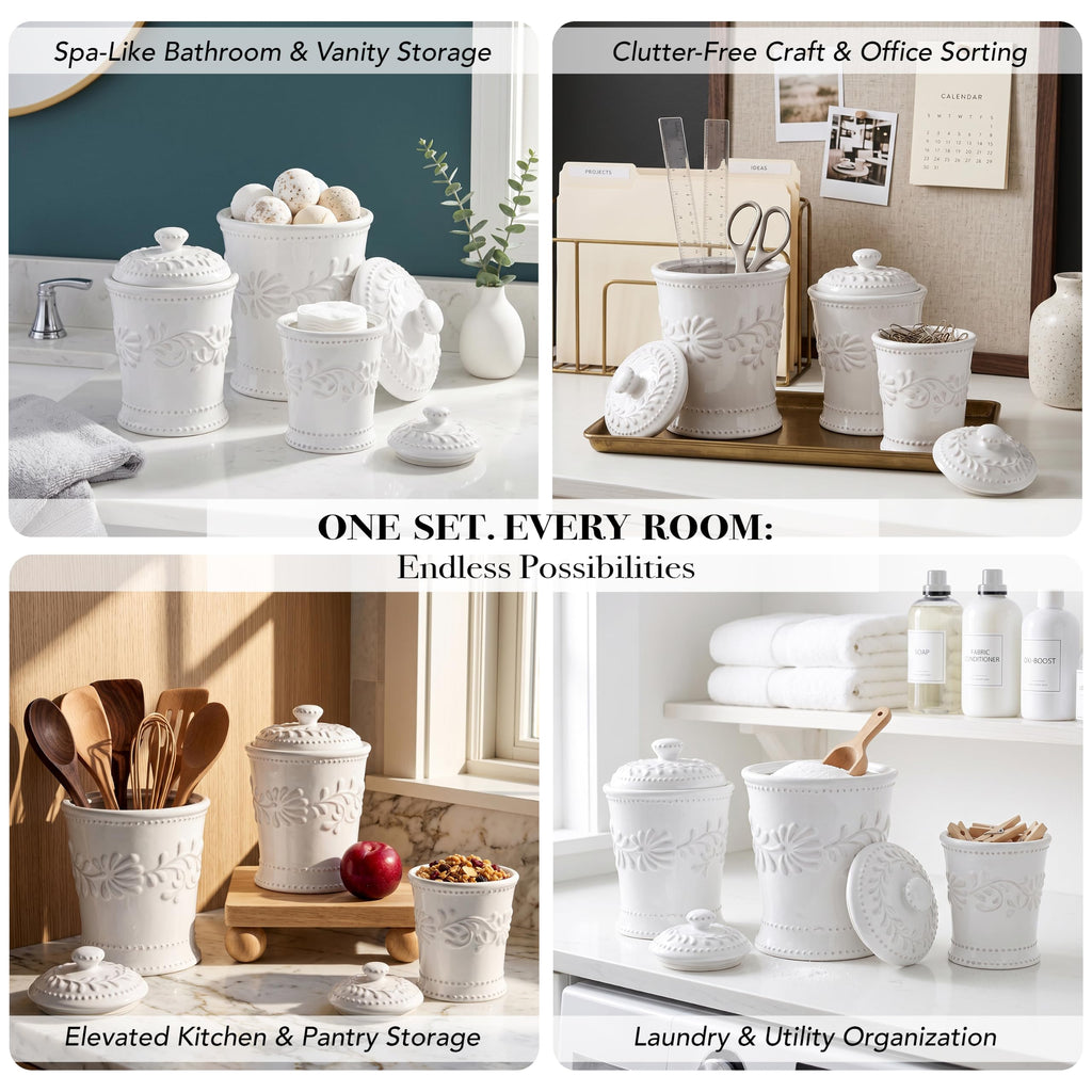 Ceramic Canister Set w/Lids Bianca Leaf, White 3PC