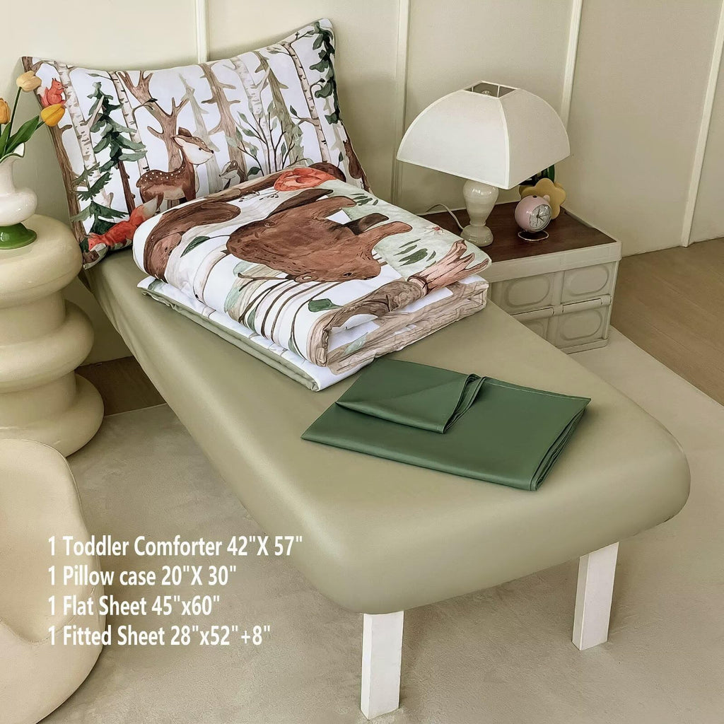 4 Pieces Woodland Animal Toddler Bedding Set, Forest Deer Bear Fox Bed Comforter Set for Boys Girls, Cute Toddler Bed