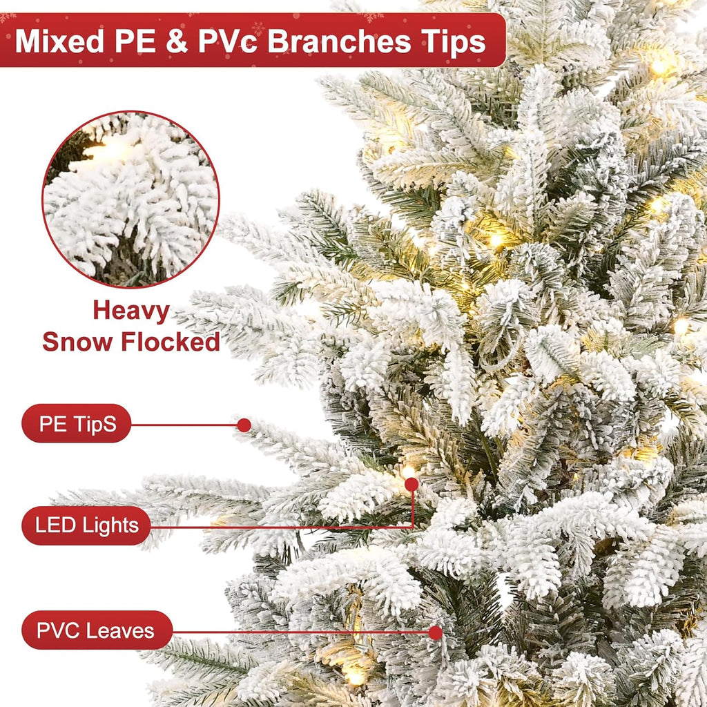 Prelit Flocked Christmas Tree, Artificial Small Christmas Tree with Led Lights, Frosted LED Xmas Tree with Snow
