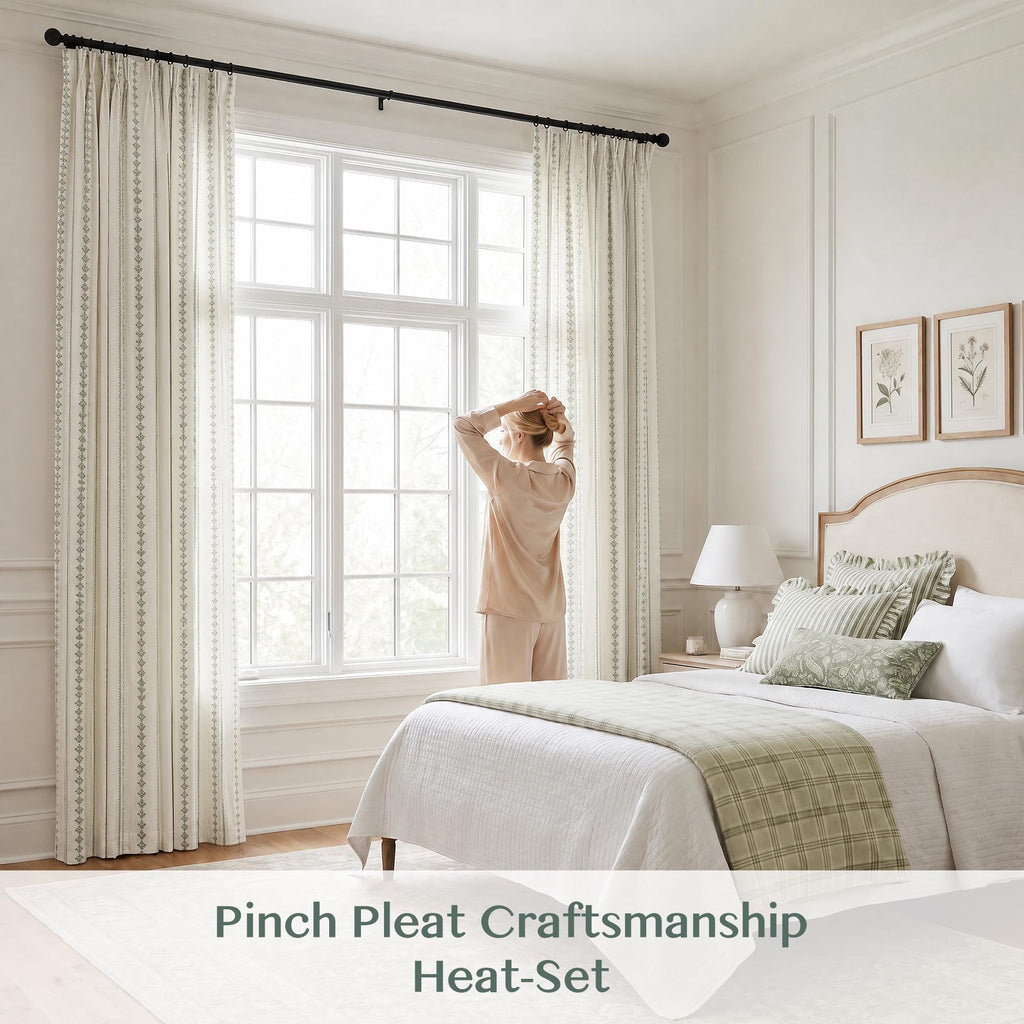 Sage Green Floral Pinch Pleated Curtains 108 Inches Long, Block Print Vintage Farmhouse Linen Blend Light Filtering