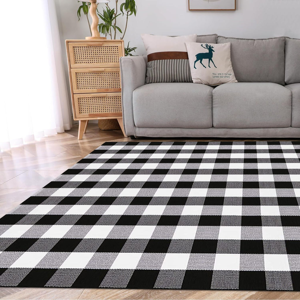Buffalo Plaid Rug 5. .5'Black and White Area Rug,Washable Cotton Woven Indoor/Outdoor Rug for Farmhouse/Dining