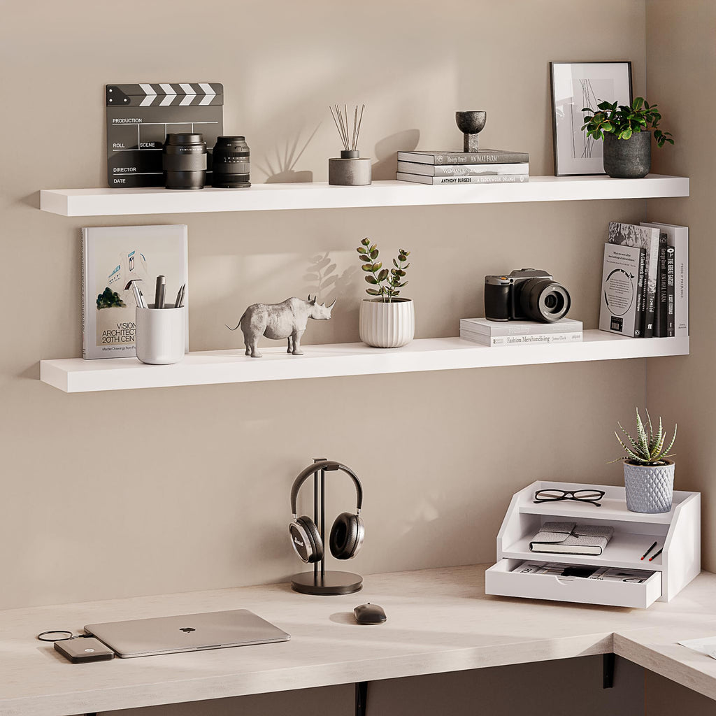 Floating Shelves, 55" Wood Wall Shelf Set of 2, with Invisible Brackets, 6" Deep, White