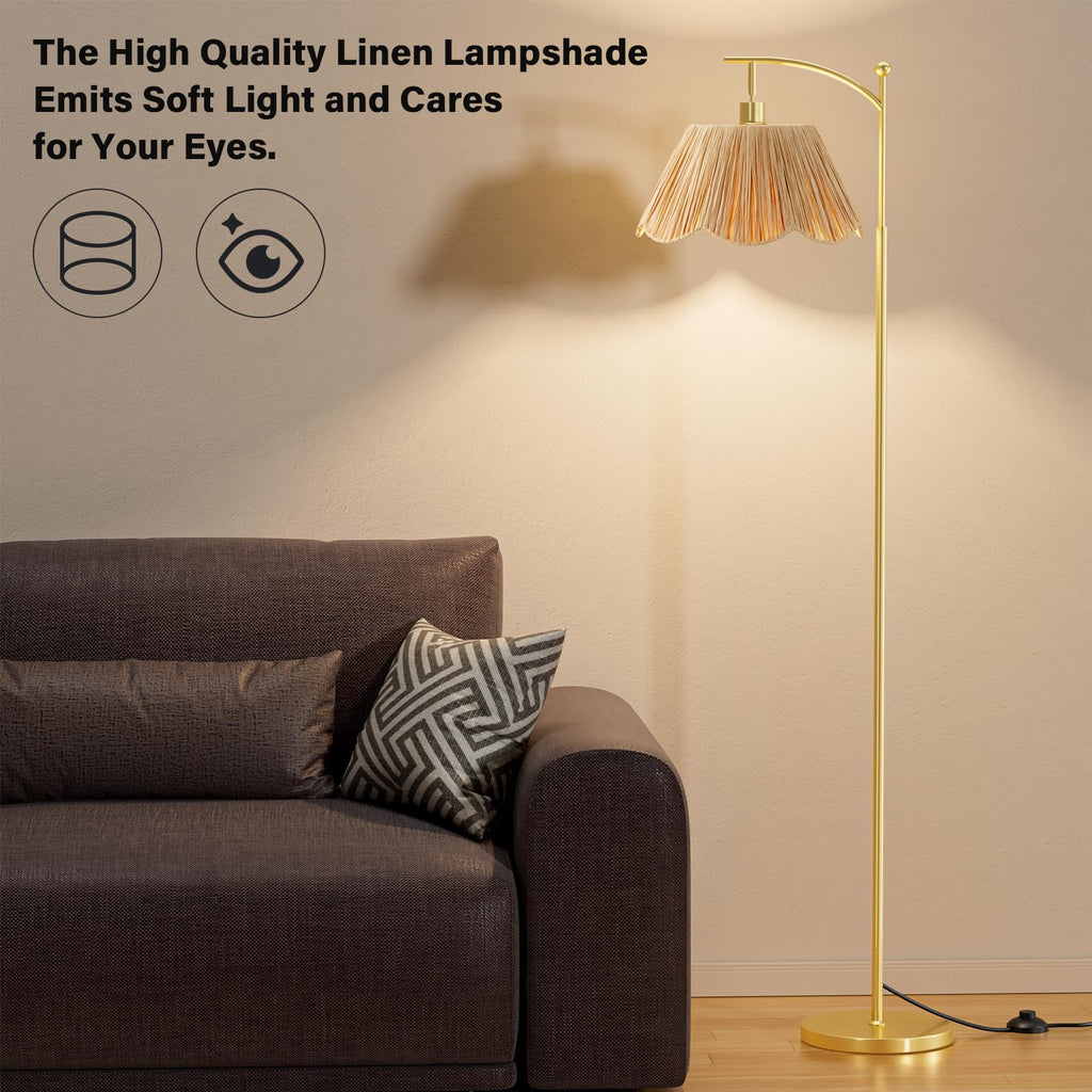 60" Floor Lamps with 3 Color Temperatures, Gold Floor Lamp with Rattan Shade, Modern Tall Lamps Office, 9W LED Bulb