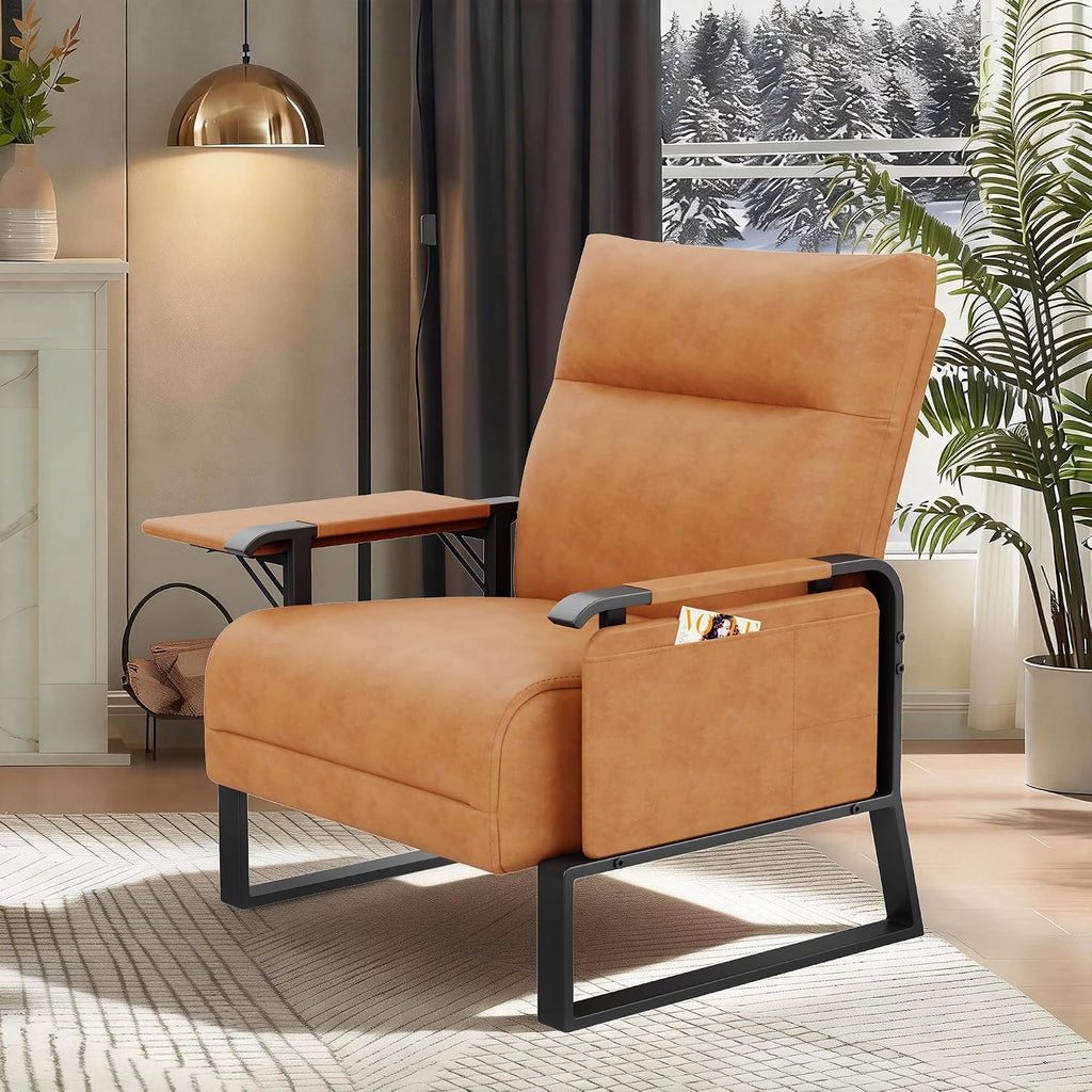 PU Leather Accent Chair Brown Armchair with Side Table