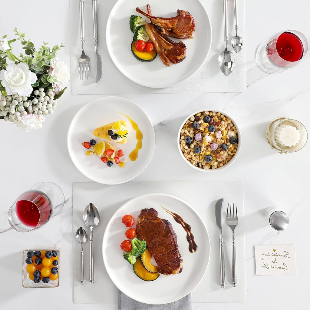 24 Pieces Porcelain Dinnerware Set, Modern White Dish Set for 8, Premium Serving Plates and Bowls Sets