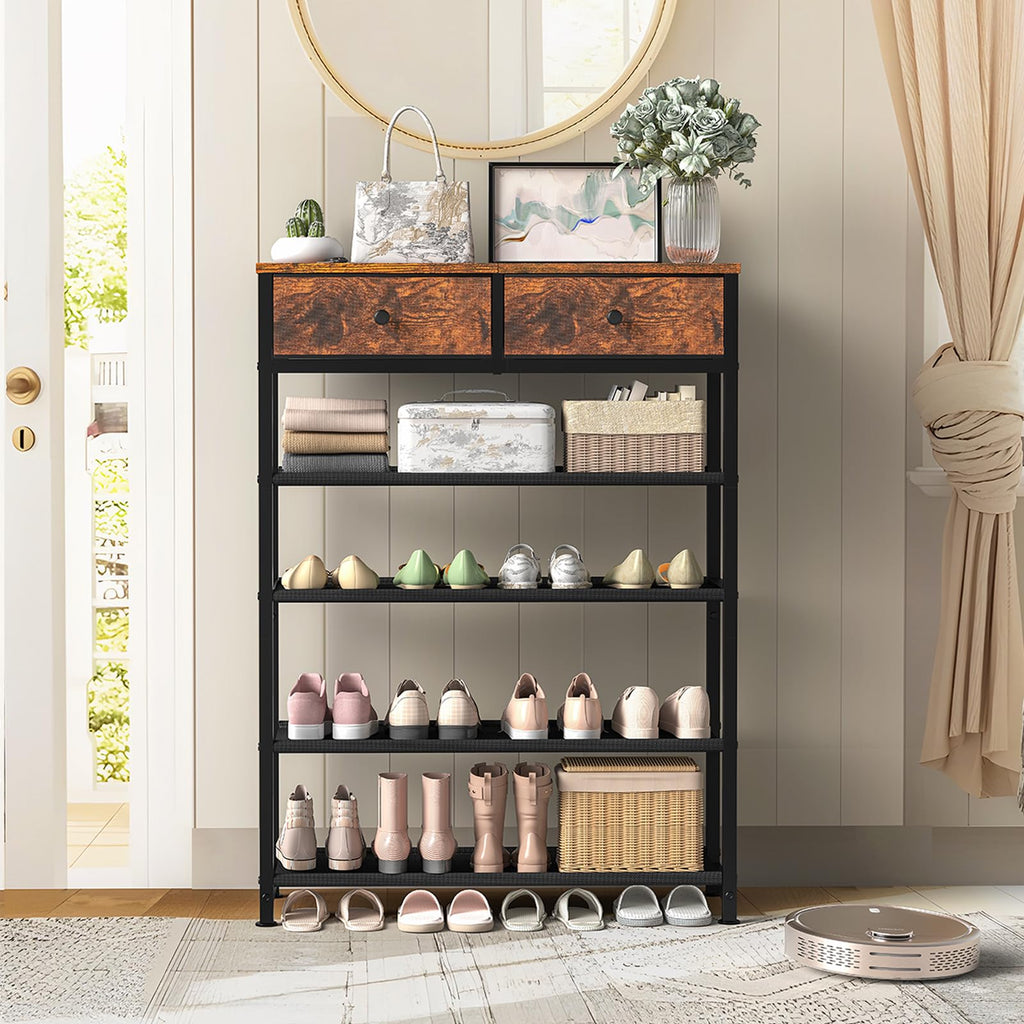 Shoe Rack, 5 Tier Shoe Storage Organizer with 2 Drawers, Metal Shoe Shelf for 12-16 Pairs of Shoes, with 4 Oxford