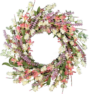 24 Inch Spring Summer Wreath for Front Door - with Colorful Flowers & Green Leaves - Indoor Outdoor Farmhouse Porch