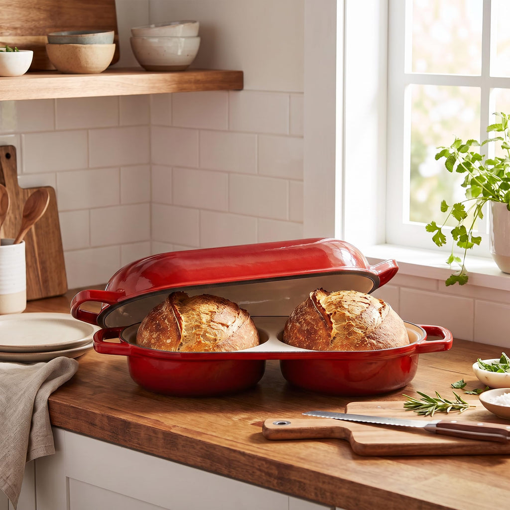 Enameled Cast Iron Double Bread Dutch Oven, Red