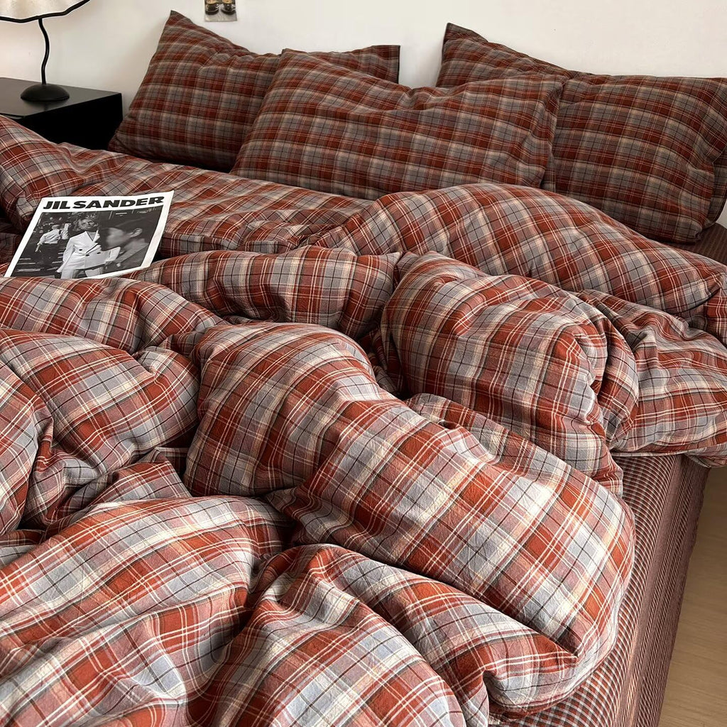 Caramel Blue Gingham Duvet Cover 100% Washed Cotton Buffalo Plaid Bedding Set 3pcs Grid Checkered Duvet Cover