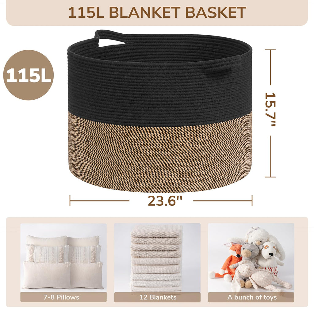 Extra Large Woven Rope Blanket Basket Living Room, Mix Black