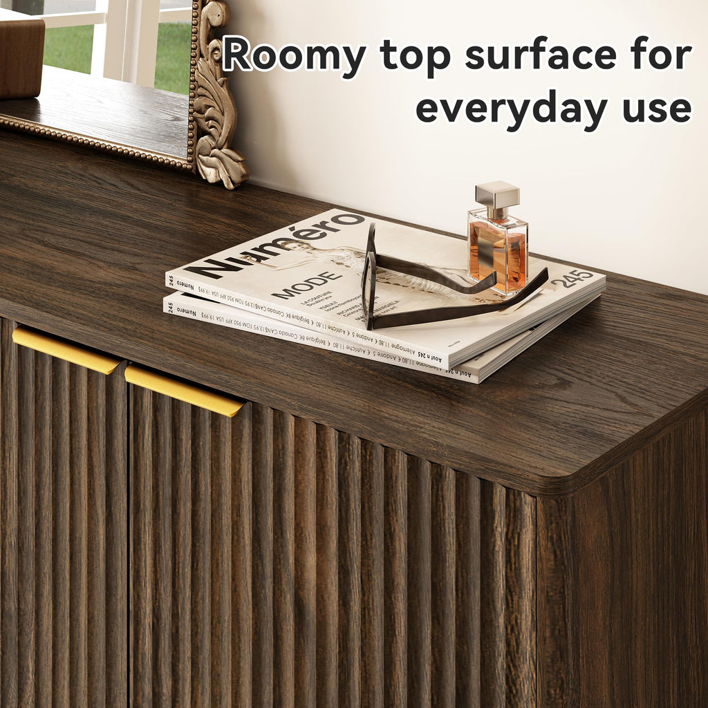5-Tier Shoe Storage Cabinet with Adjustable Shelves, Walnut丨Fluted Shoe Cabinet with Doors, Wooden Freestanding Shoe