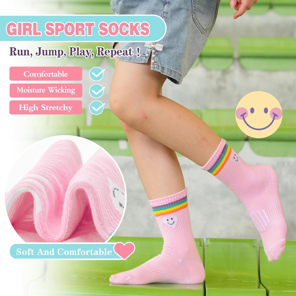 6 Pairs Girls Kids Socks Athletic Basketball Sport Crew Youth Cotton Soft Breathable Socks for Outdoor