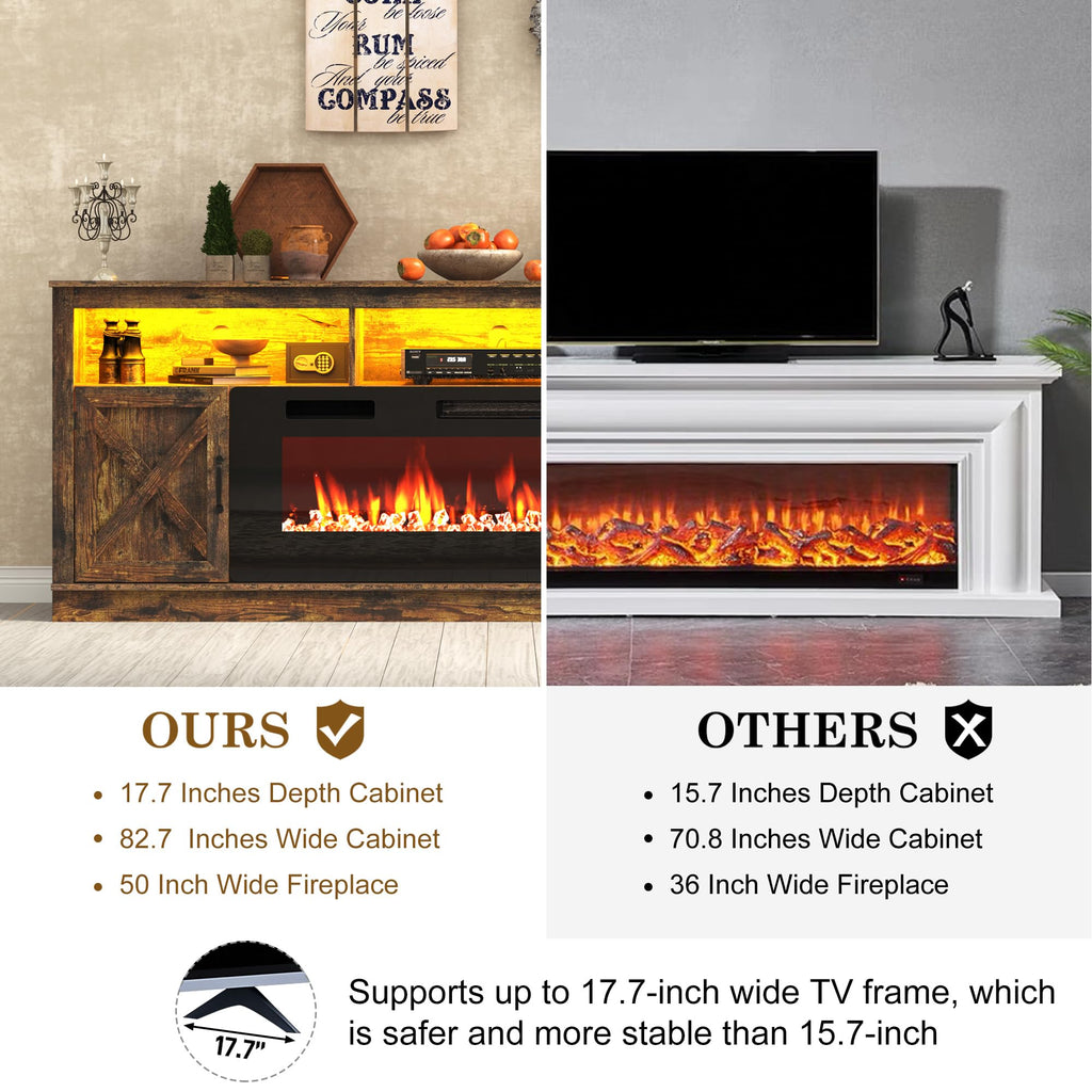 Farmhouse TV Stand with 50" Fireplace for 95" TV, 83" Fireplace Entertainment Center with Barn Doors and LED Light