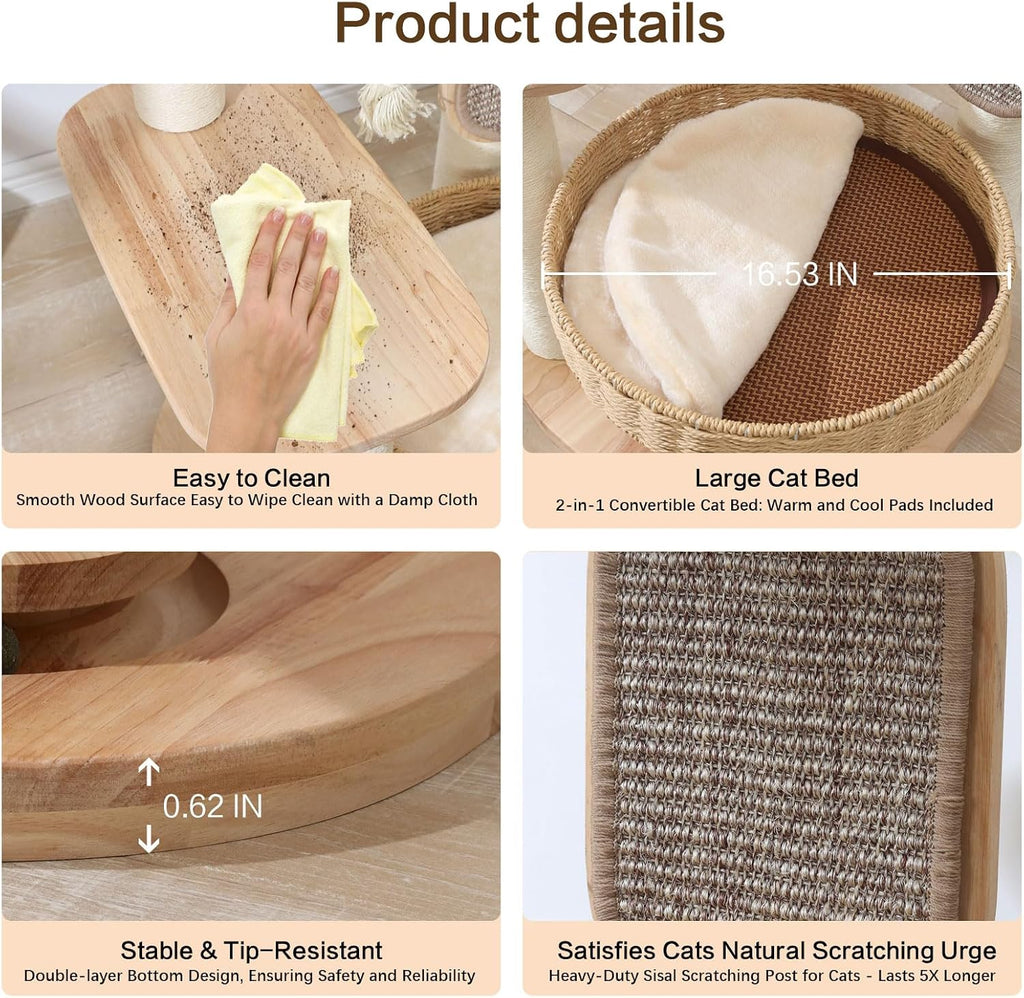 49.6in Solid Wood Cat Tree for Large Cat, Modern Tall Cat Tower