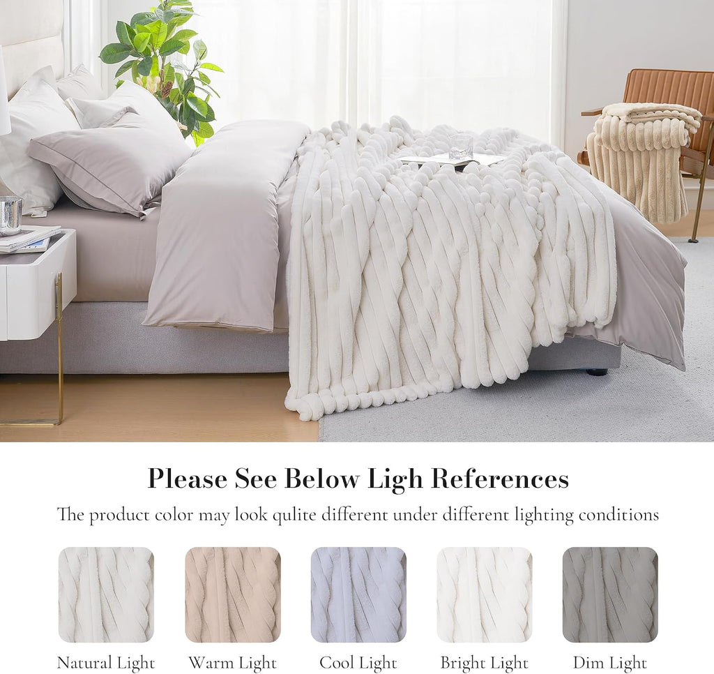 Faux Fur Throw Blanket for Couch, Cozy Fuzzy Fluffy Fur Luxurious Soft Striped Plush Gift Blankets for Family Sofa