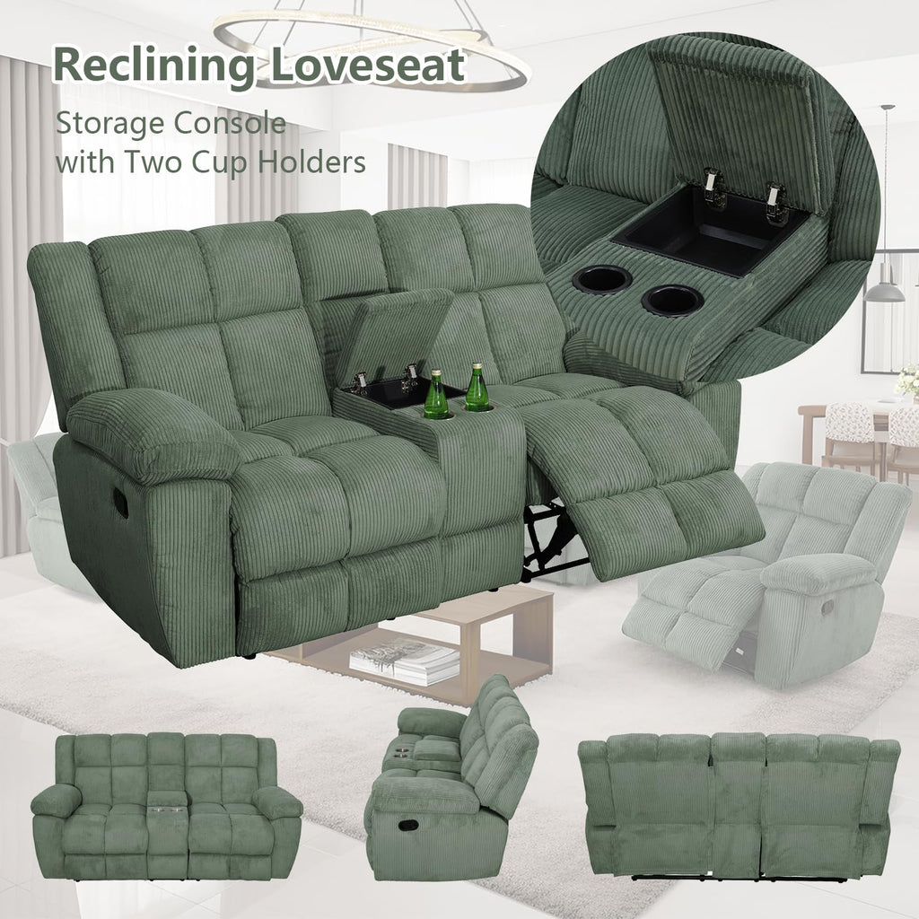 Loveseat Recliner for Reclining Living Room Furniture, Green Corduroy Reclining Loveseat Manual Breathable Fabric