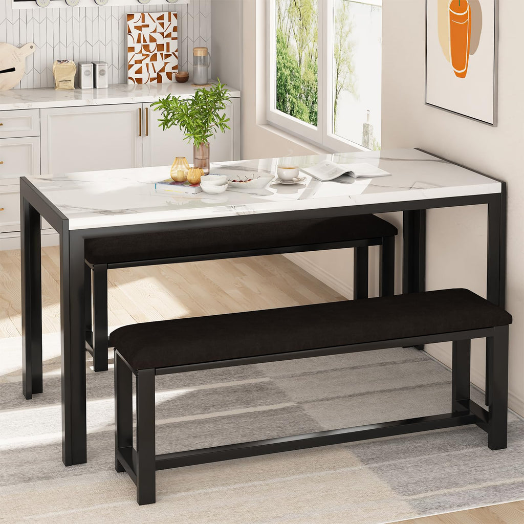 Dining Table Set for 4, Faux Marble Kitchen Table with 2 Leather Bench