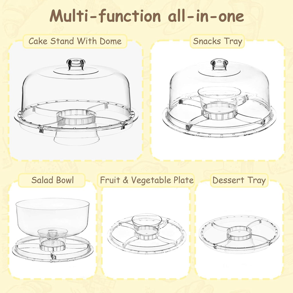 12inch Cake Stand with Acrylic Lid, 6-in-1 Multifuntional Serving Platter with Dome Cover, Cake Display Stand