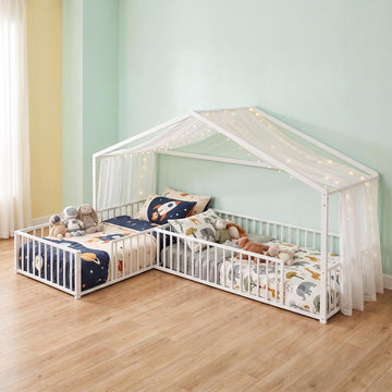 Double L-Shaped Montessori Bed Metal Floor Bed Frame, White