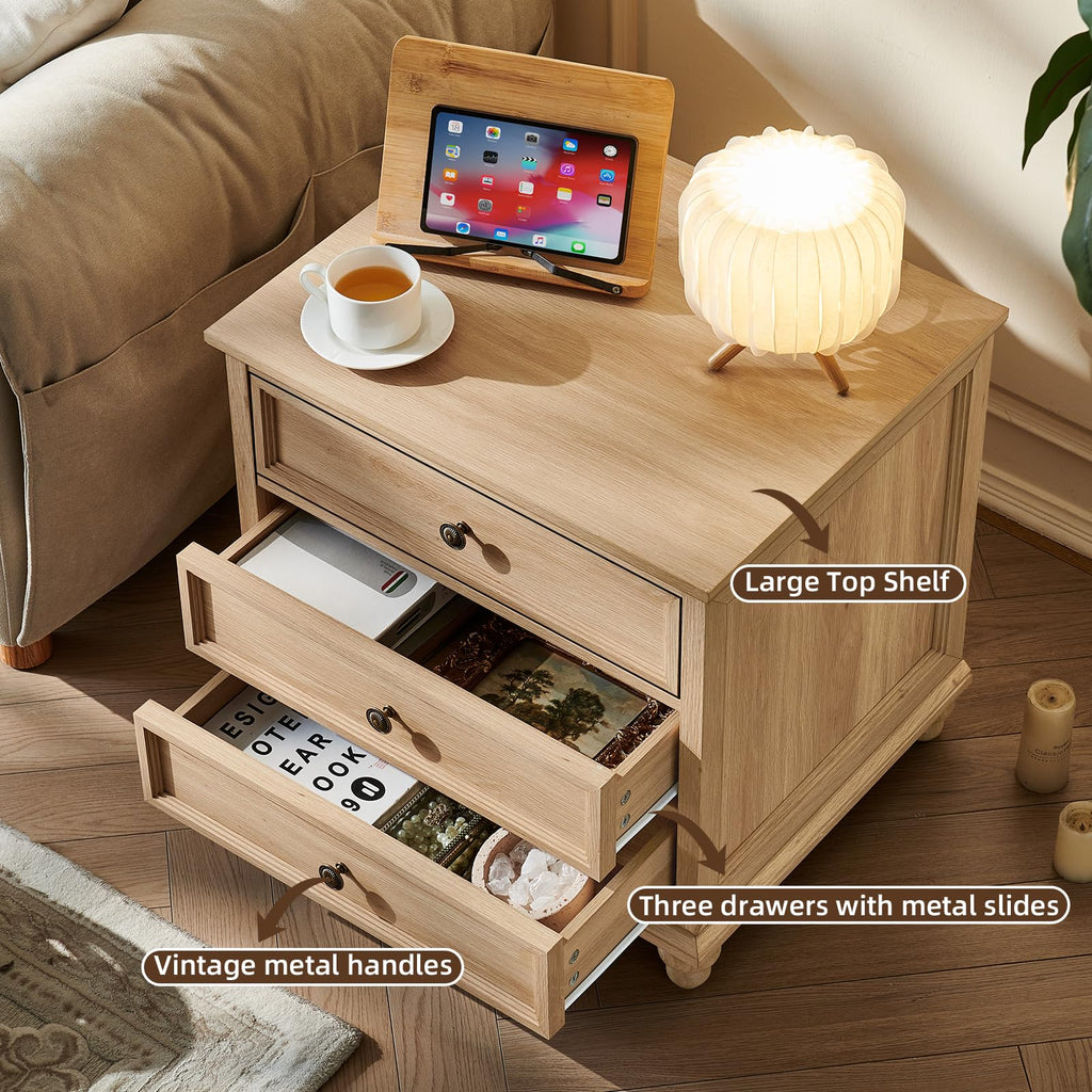 24" Wide Farmhouse Night Stand, Large End Table with 3 Drawers & Metal Handle, Natural Dresser, Bed Side Table Chest