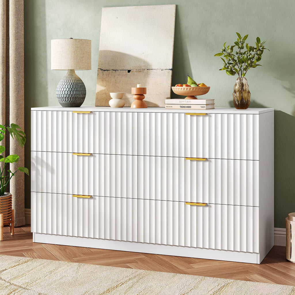 47.2" Wide Fluted 6 Drawer Dresser, White