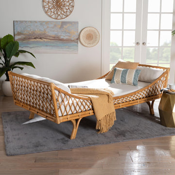 Akemi Handwoven Natural Rattan Daybed with Cushion - Boho Coastal Lounge Bed, or Sunroom