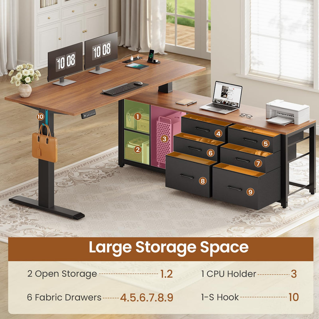 L Shaped Electric Standing Desk, 55" x 55" Height Adjustable Corner Office Desk with 6 Fabric Drawers and Storage