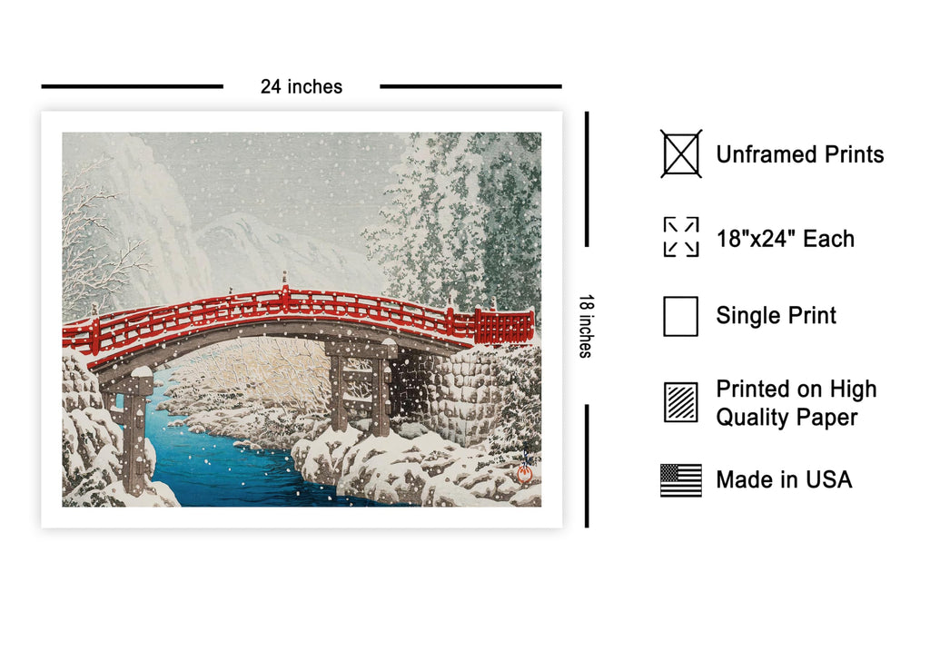 Master Vintage Hasui Kawase Poster - Retro Snow at Sacred Bridge in Nikko Print - Japanese Art - Gift for Him, Her