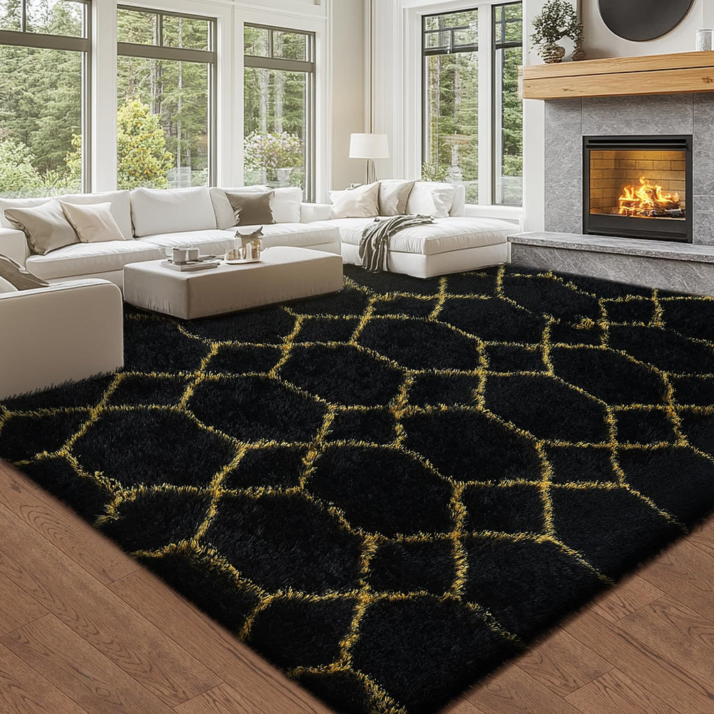 Shag Rugs 8x10: Black and Gold Geometric Area Rug