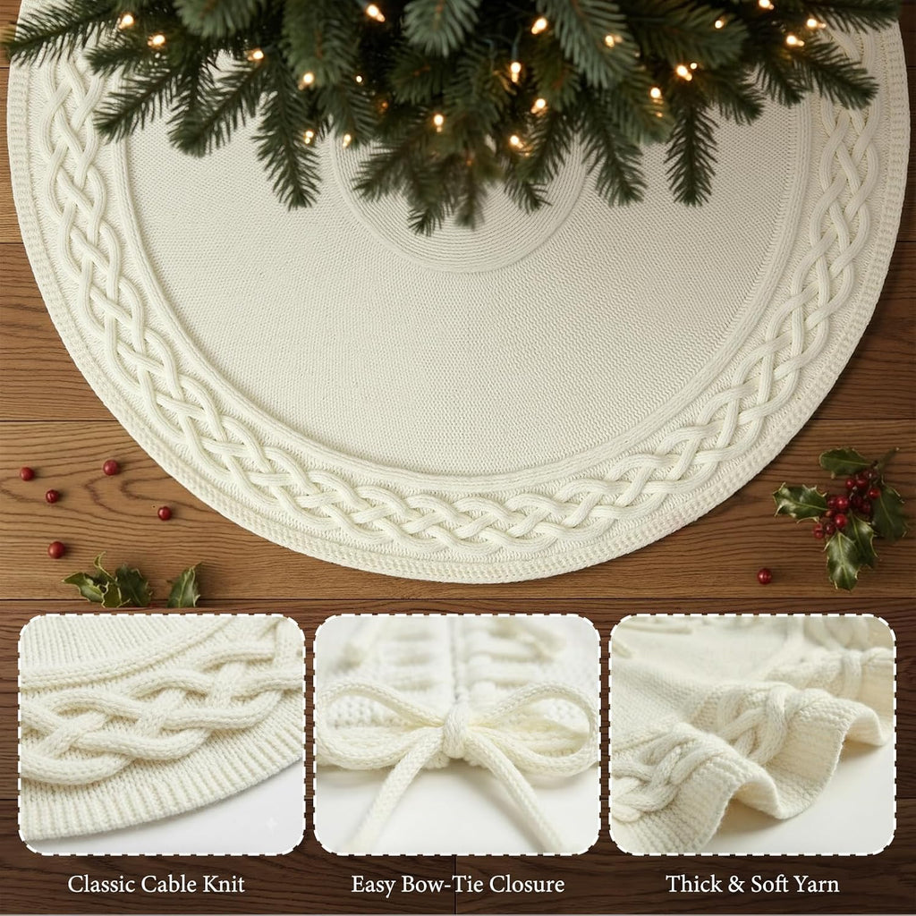 60 Inch Christmas Tree Skirt, Extra Large Chunky Knitted Tree Skirt with Bow Tie Closure, Cream Vintage Tree Skirts