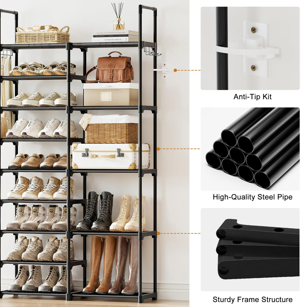 9 Tier 2-Column Shoe Rack, 30-35 Pairs Stackable Black