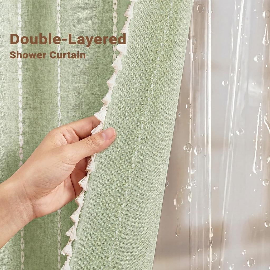 3 in 1 Boho Long Linen Shower Curtain with Liner, Sage Green, 72x78