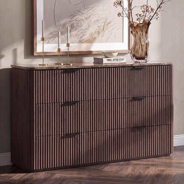 54" W Fluted 6 Drawer Bedroom Dresser, with Faux Marble Top, Dark Oak