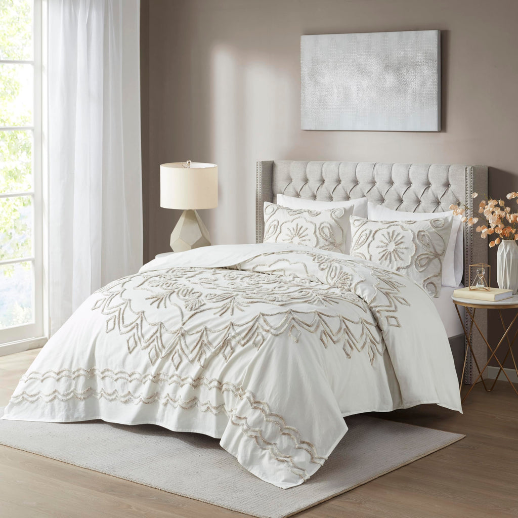 Violette Lightweight 100% Cotton Quilt Set, Breathable Chenille Tufted, Shabby Chic Boho Medallion Design, Sham