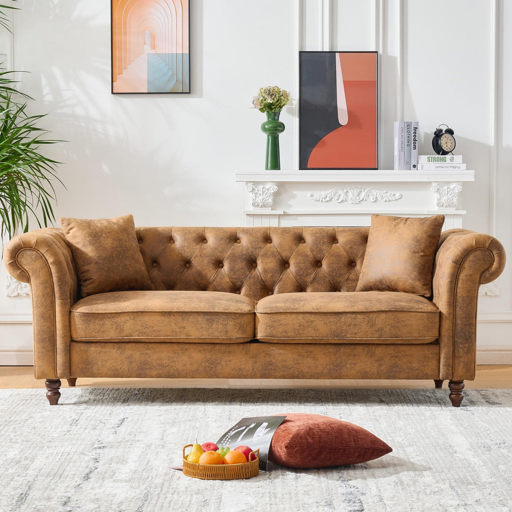 80.5" 2 Piece 3-Seater Velvet Chesterfield, Combination with Button Tufted Curved Backrest Rolled Arms, Faux Leather