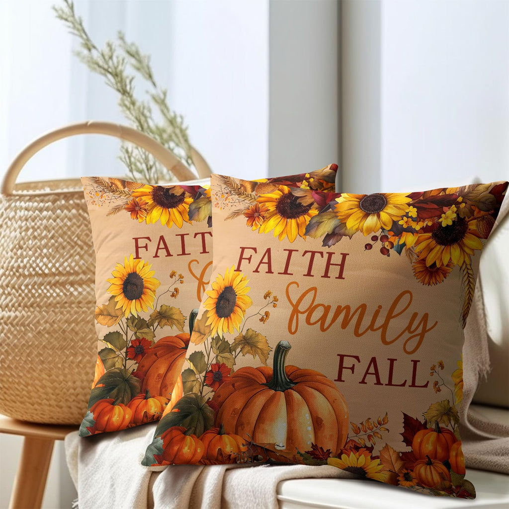 Faith Family Fall Pumpkin Pillow Covers 12x12 Inches Autumn Sunflowers Throw Pillow Case Set of 2 Pillows Cotton