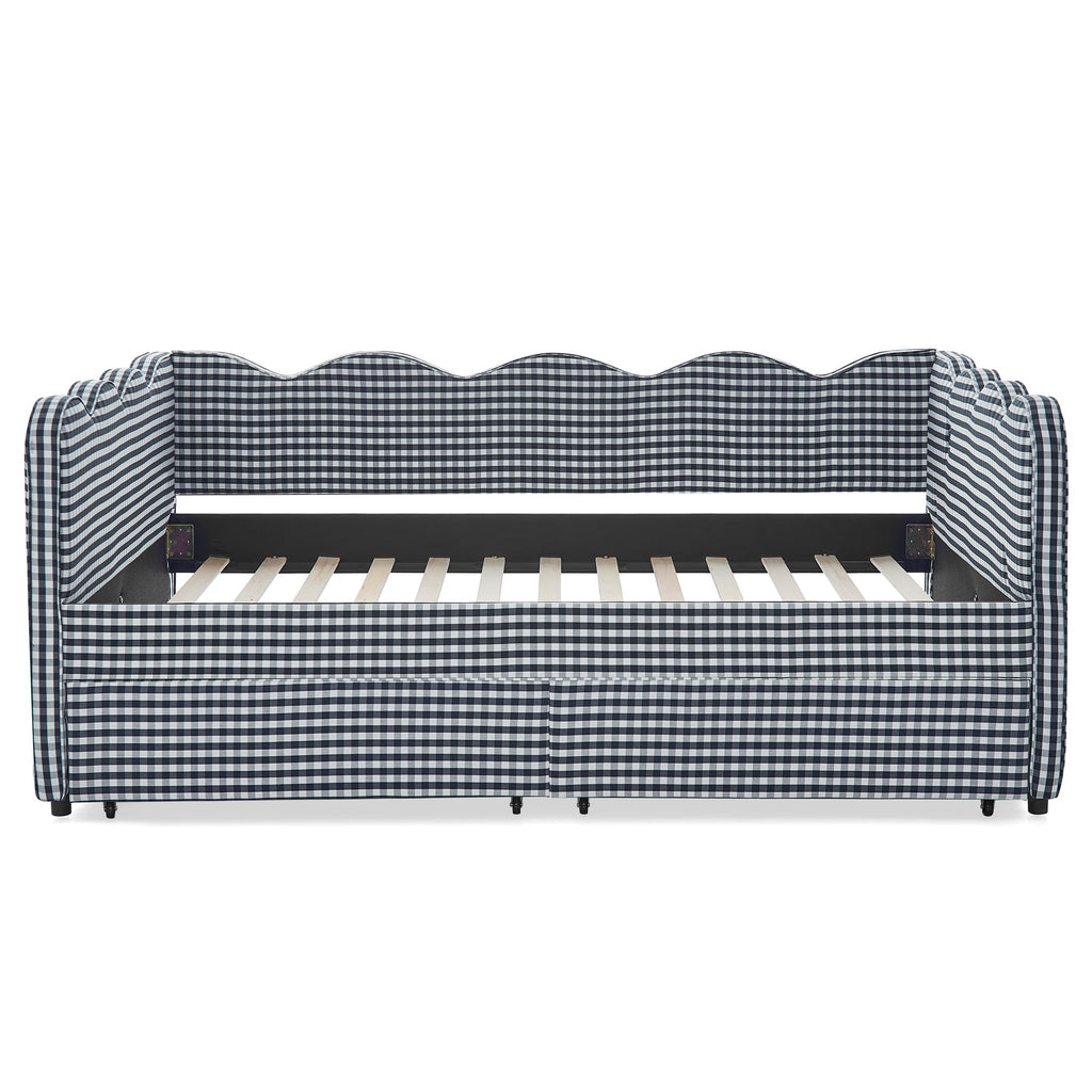 Full Size Upholstery Gingham Daybed with 2 Storage Drawers and USB, Modern Style Adorable Wave Shaped Linen Sofa Bed