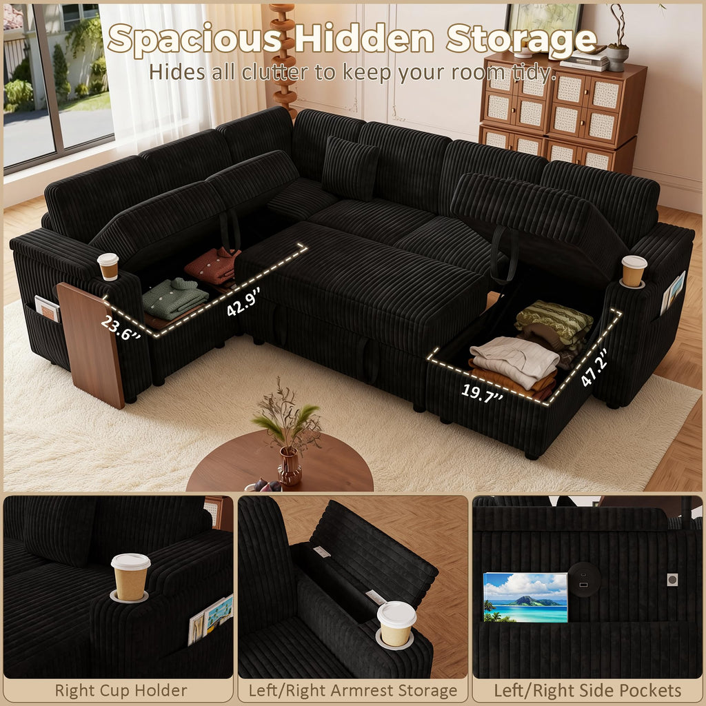 100" Convertible Sectional Sofa Bed, Pull Out Couch Bed with Storage Chaise, Table Board, USB Ports & Cup Holder