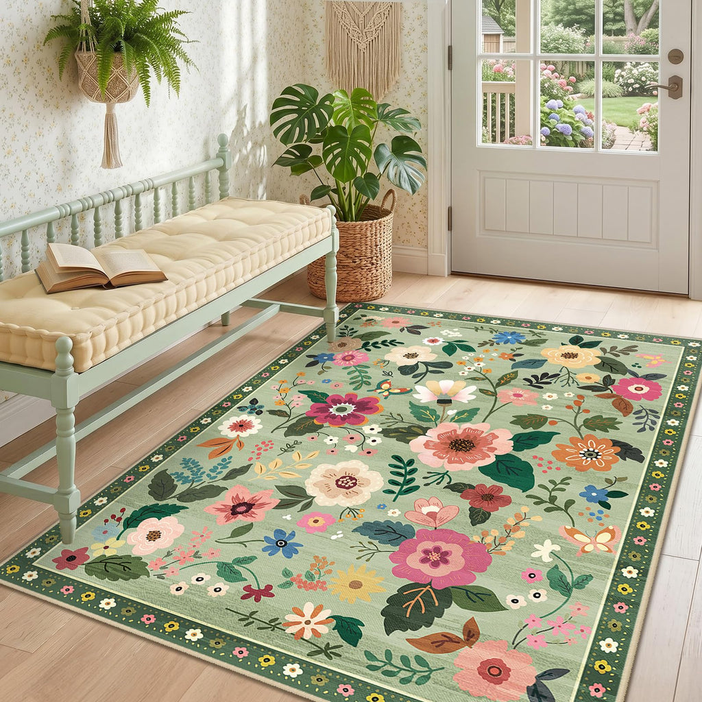 Floral Washable 4x6 Area Rugs LightGreen