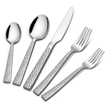 50-Piece Silverware Set for 10, Stainless Steel Flatware Set, Hammered Square Cutlery Eating Utensils Party Wedding