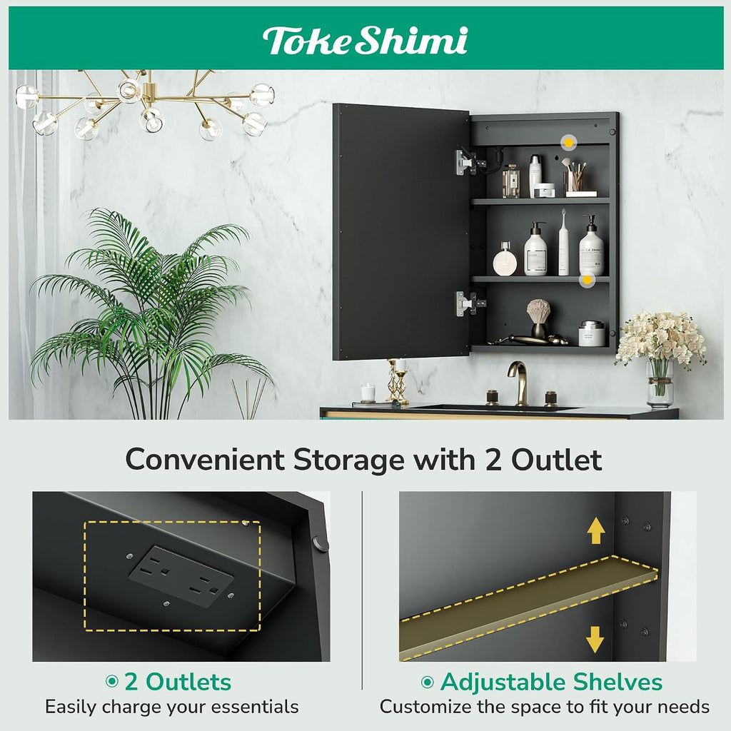 16x24 Inch LED Medicine Cabinet Black Frame, Medicine Cabinet with Lights, 3-Color Lighted Medicine Cabinet Mirror