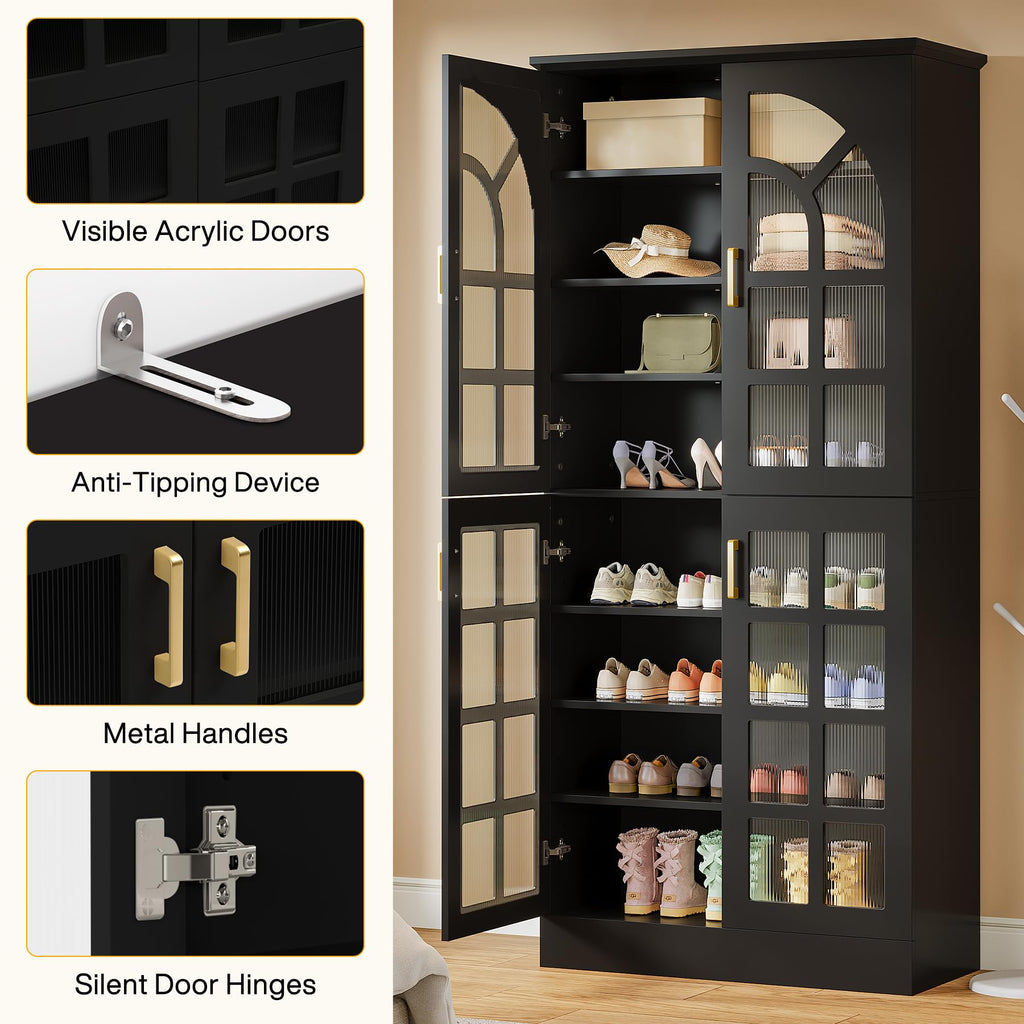 Tall Shoe Cabinet with Doors & Led Light, 8-Tier, Modern