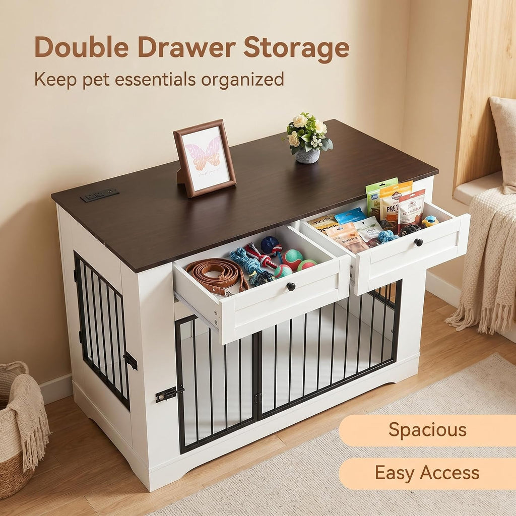 Dog Crate Furniture with Storage Drawers & Power Outlet